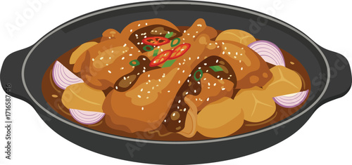 Delicious Korean braised chicken with potatoes and onions in a dark sauce.