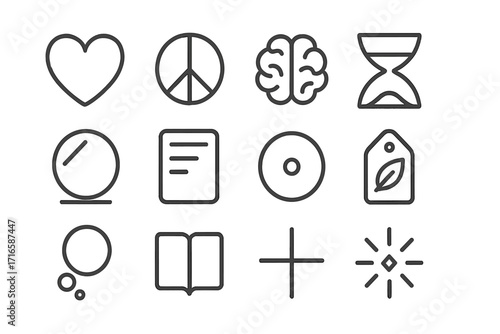 Minimal Clarity Icons. Line style icons of minimal clarity icons: heart shape, peace sign, brain field, hourglass tool; mirror