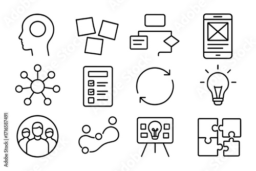 Design Thinking Icons. Line style icons of design thinking: empathy map, sticky notes, flowchart, prototype; mind map, test sheet,