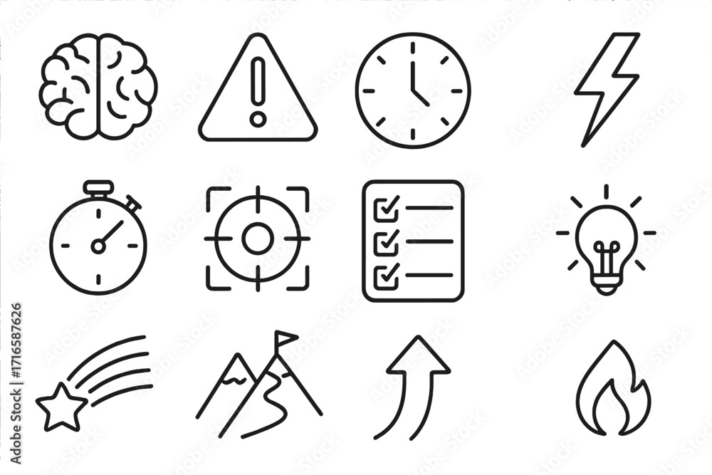 Mental Focus Icons. Line style icons of mental focus toolkit: brain, alert sign, clock, lightning; stopwatch, focus icon,