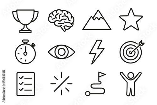 Motivational Line Icons. Line style icons of motivation and goals: trophy, brain, mountain, star; stopwatch, focus eye, lightning,