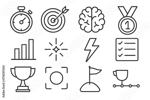 Icons of Achievement. Line style icons of excellence and effort: stopwatch, target, brain, medal; bar chart, spark, lightning,