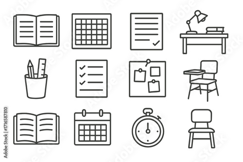 Study Icons Layout. Line style icons of study productivity layout: planner, schedule grid, homework page, study desk; pencil jar,