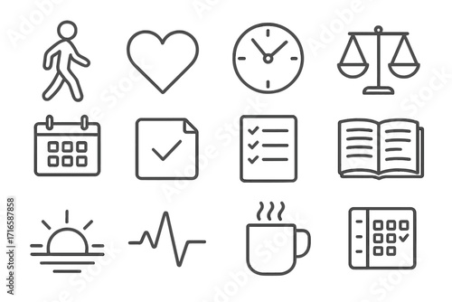 Life Balance Icons. Line style icons of life balance concept: walking, heart, clock, scales; calendar, task note, checklist,