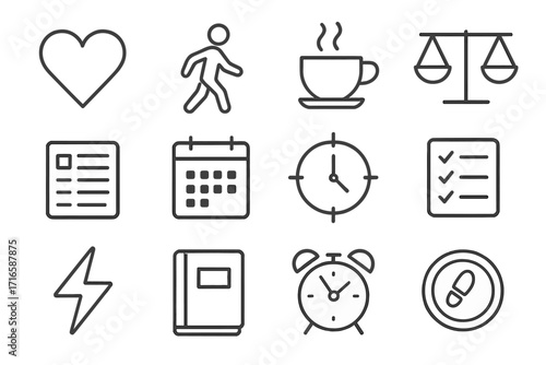 Self-Care and Time Icons. Line style icons of self-care and time: heart, walking icon, coffee, scales; schedule, calendar, focus