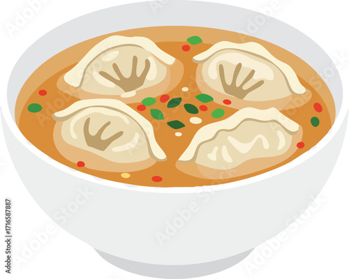 Illustration of a bowl of dumpling soup with four dumplings.