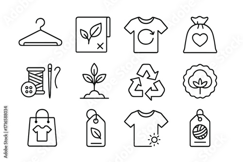 Sustainable Fashion Icons. Line style icons of sustainable fashion: hanger, eco fabric, upcycle shirt, donation bag; sewing kit,