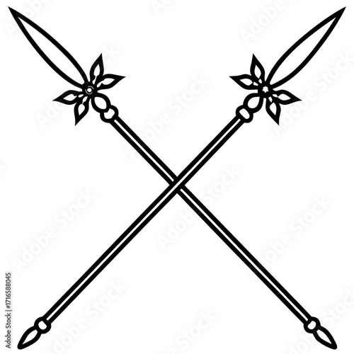 Illustration of a crossed spear and sword symbolizing combat and weaponry