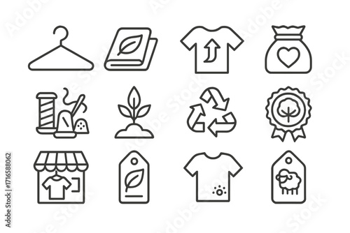 Sustainable Fashion Icons. Line style icons of sustainable fashion: hanger, eco fabric, upcycle shirt, donation bag; sewing kit,