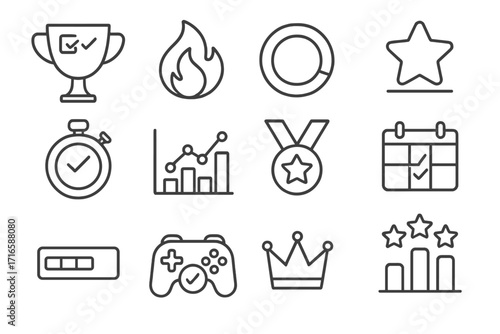Productivity Gamification Icons. Line style icons of productivity gamification: trophy checklist, streak flame, progress badge,