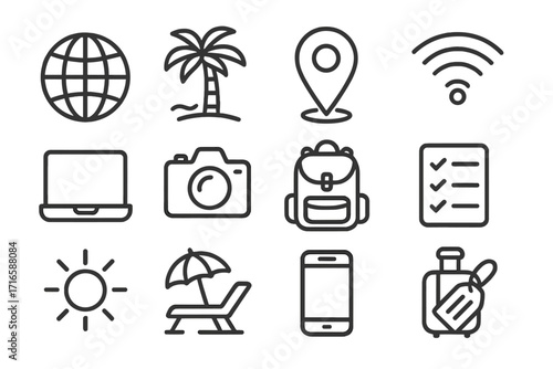 Sunny Travel Icons. Line style icons of sunny destination travel: globe, palm tree, location, WiFi; laptop, camera, backpack,