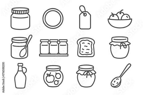 Homemade Preserves Icons. Line style icons of homemade preserves: jam jar, sealed lid, label tag, fruit bowl; jar with spoon,