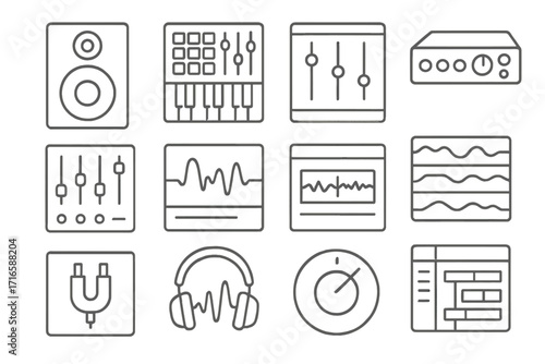 Music Production Icons. Line style icons of music production: studio monitor, midi controller, mixing software, audio interface;