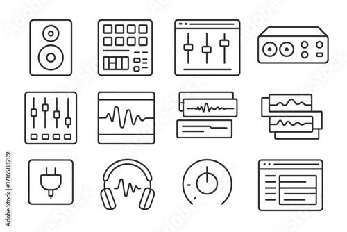Music Production Icons. Line style icons of music production: studio monitor, midi controller, mixing software, audio interface;