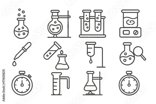 Laboratory Experiment Icons. Line style icons of laboratory experiments: bubbling flask, heating setup, test tube reactions,