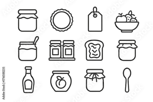 Homemade Preserves Icons. Line style icons of homemade preserves: jam jar, sealed lid, label tag, fruit bowl; jar with spoon,