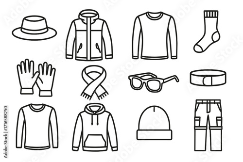 Camping Apparel Icons. Line style icons of camping apparel: wide-brim hat, waterproof jacket, thermal shirt, hiking socks; gloves,