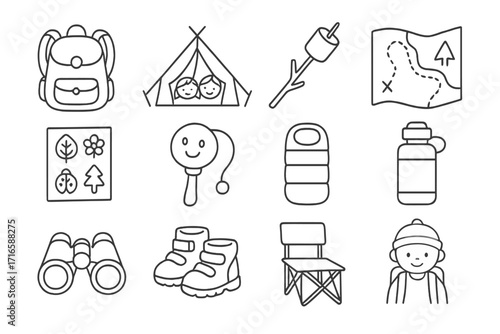 Kids Camping Icons. Line style icons of camping with kids: child backpack, family tent, marshmallow stick, illustrated map; nature