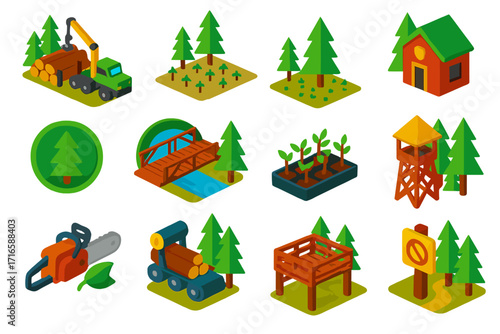 Eco-Forestry Icons. Isometric vector illustration set Eco-forestry: sustainable logging camp, reforestation site, forest ranger