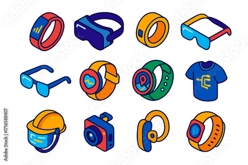 Wearable Tech Collection. Isometric vector illustration set Wearable technology: fitness tracker, VR headset, AR glasses, smart