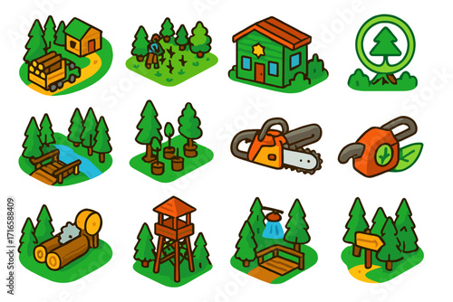 Eco-Forestry Icons. Isometric vector illustration set Eco-forestry: sustainable logging camp, reforestation site, forest ranger