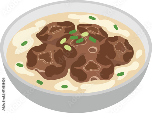 A bowl of rich oxtail stew in a creamy sauce, garnished with chopped green onions, presented as an isometric illustration.