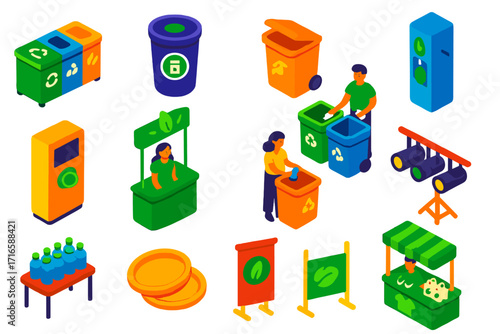 Eco-Friendly Event Stations. Isometric vector illustration set Recycling at events: recycling station, reusable cup return bin,