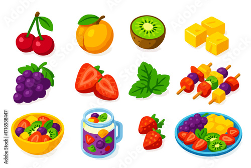 Vibrant Fruit Medley. Isometric vector illustration set Mixed fruit bowl: cherry, peach, kiwi, pineapple chunks, grape bunch,