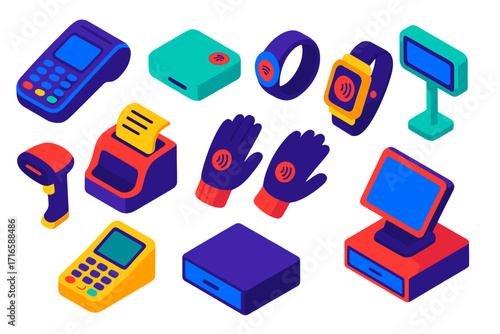 Mobile Payment Accessories. Isometric vector illustration set Mobile payment accessories: wireless POS terminal, mobile card