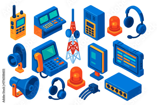 Industrial Communication Icons. Isometric vector illustration set Industrial communication: walkie-talkie, control room console,