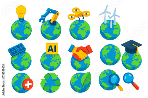 Innovative Globe Icons. Isometric vector illustration set Globe and innovation: globe with lightbulb icon, globe with robot arm,