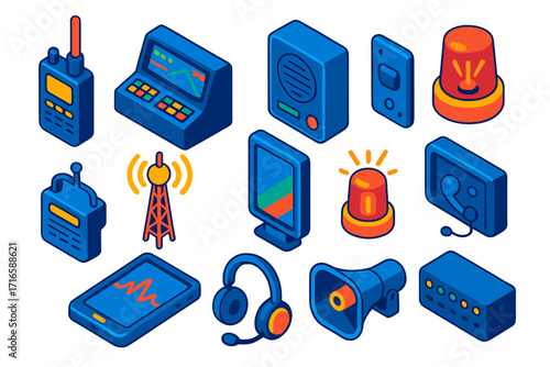 Industrial Communication Icons. Isometric vector illustration set Industrial communication: walkie-talkie, control room console,