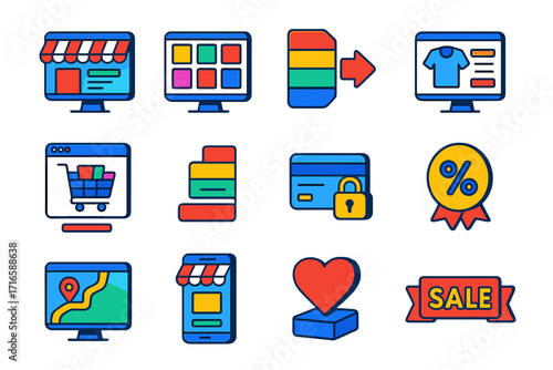 E-commerce Isometric Icons. Isometric vector illustration set E-commerce web design: online store homepage, product listing grid,