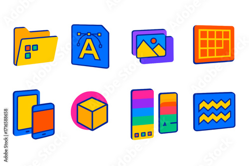 Creative Asset Collection. Isometric vector illustration set Creative assets: icon library folder, vector design file, stock photo