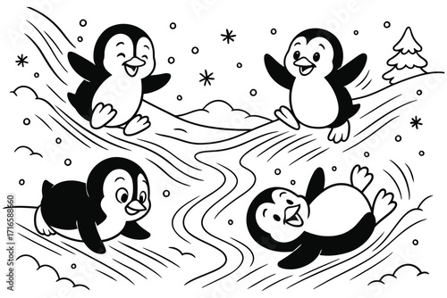 Four happy cartoon penguins sliding down a snowy hill together
