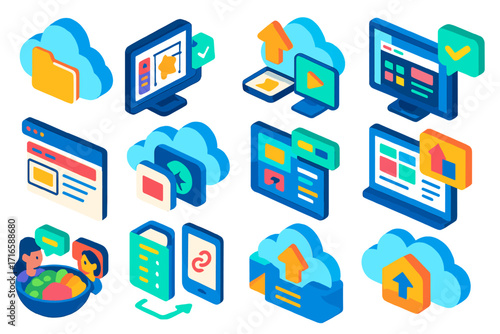 Cloud and Meal Icons. Isometric vector illustration set Cloud-based web design: cloud file storage, collaborative design tool,