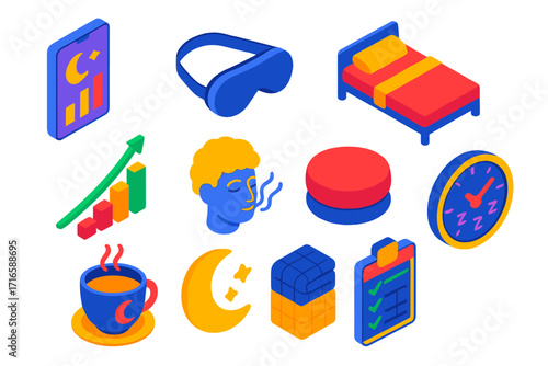 Sleep and Recovery Icons. Isometric vector illustration set Sleep and recovery: sleep tracking app, smart sleep mask, pillow and