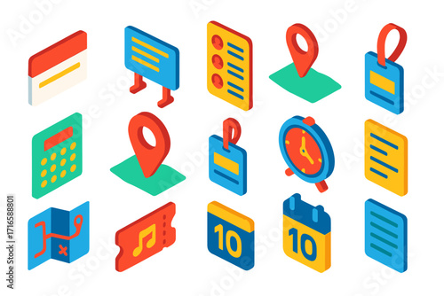 Event Planning Icons. Isometric vector illustration set Event and schedule planning: RSVP card, event schedule board, speaker
