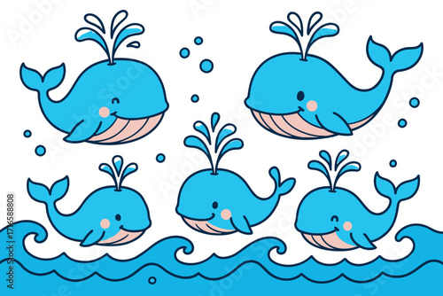 Cute cartoon blue whales spouting water in the ocean waves