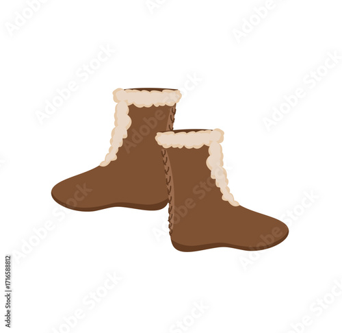 Fashionable brown women's boots with white fur. Cute ankle boots. Side view of modern fashionable footwear. Color vector illustration of stylish footwear on a white background.