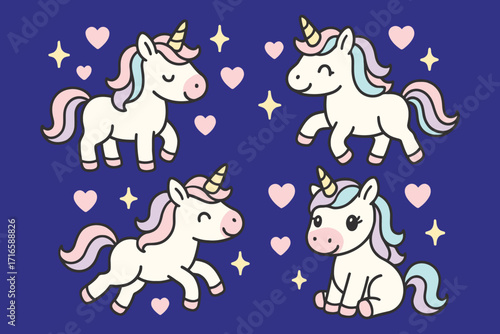 Four adorable cartoon unicorns with hearts and stars on a dark blue background
