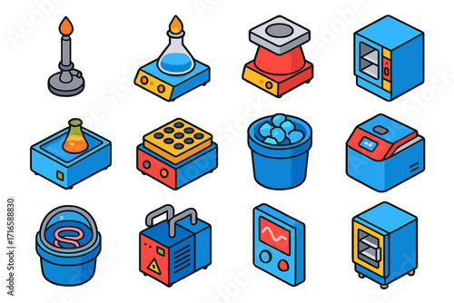 Laboratory Equipment Icons. Isometric vector illustration set Laboratory heating and cooling: Bunsen burner, electric hot plate,