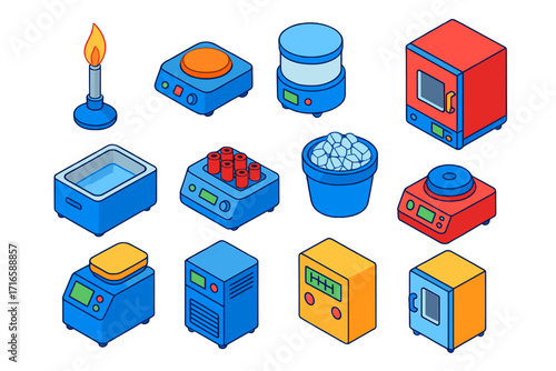 Laboratory Equipment Icons. Isometric vector illustration set Laboratory heating and cooling: Bunsen burner, electric hot plate,