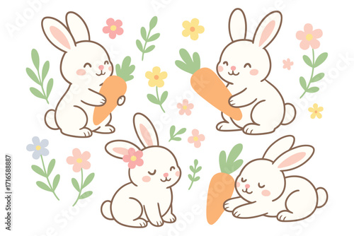 Four adorable cartoon bunnies holding carrots surrounded by flowers and leaves