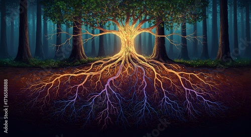 Intricate underground root systems form a vast, glowing neural network, connecting pulsing, colorful tree tendrils to a central mother tree as an organic data network