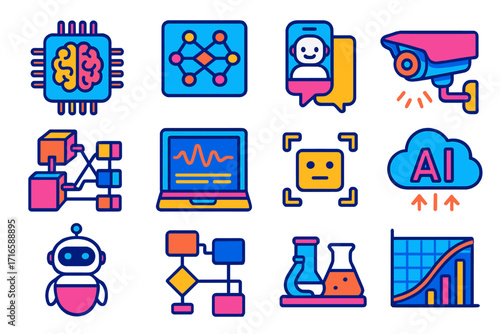 AI Icon Set. Isometric vector illustration set Artificial intelligence: AI brain chip, neural network diagram, chatbot interface,