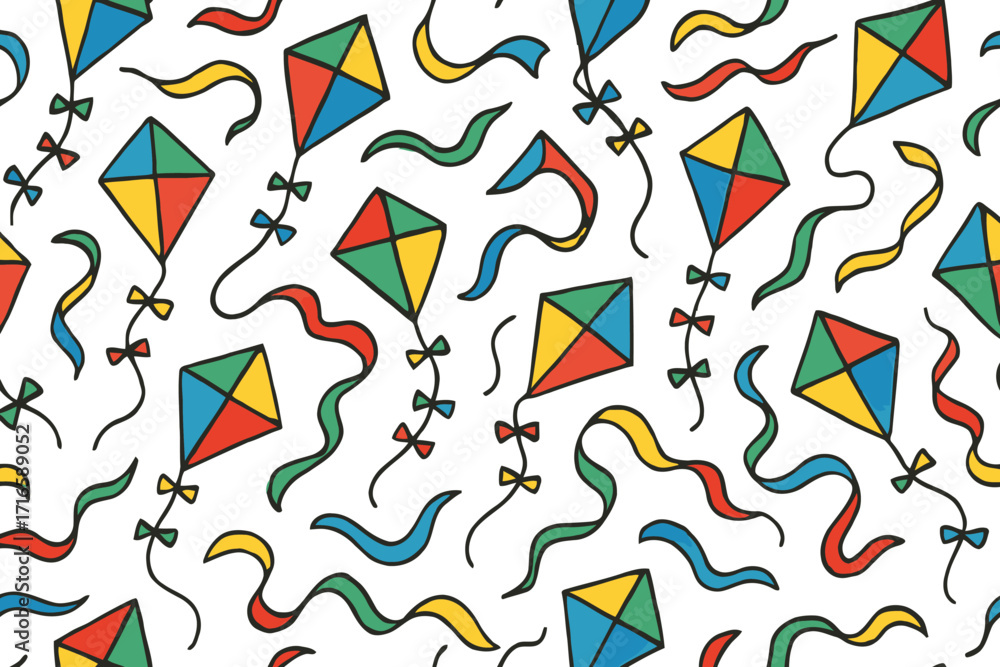 Obraz premium Colorful kite pattern with wavy ribbons on white background