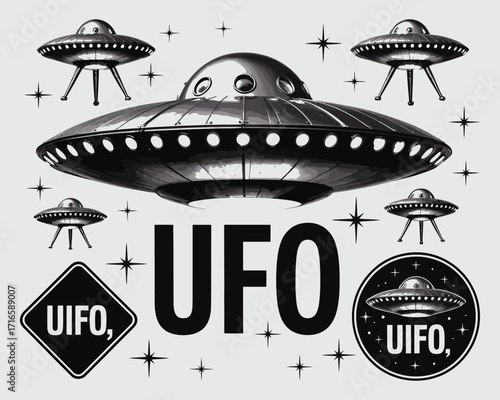 "Timeless Collection of Classic Black and White UFO Illustrations Featuring Vintage Spaceships, Alien Encounters, Mysterious Sightings, Extraterrestrial Designs, Cosmic Artworks, and Retro Sci-Fi Grap