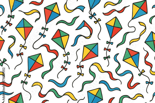 Colorful kite pattern with wavy ribbons on white background
