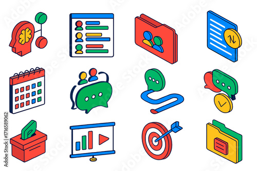 Isometric Team Project Icons. Isometric vector illustration set Group projects: shared mind map, task distribution chart, group